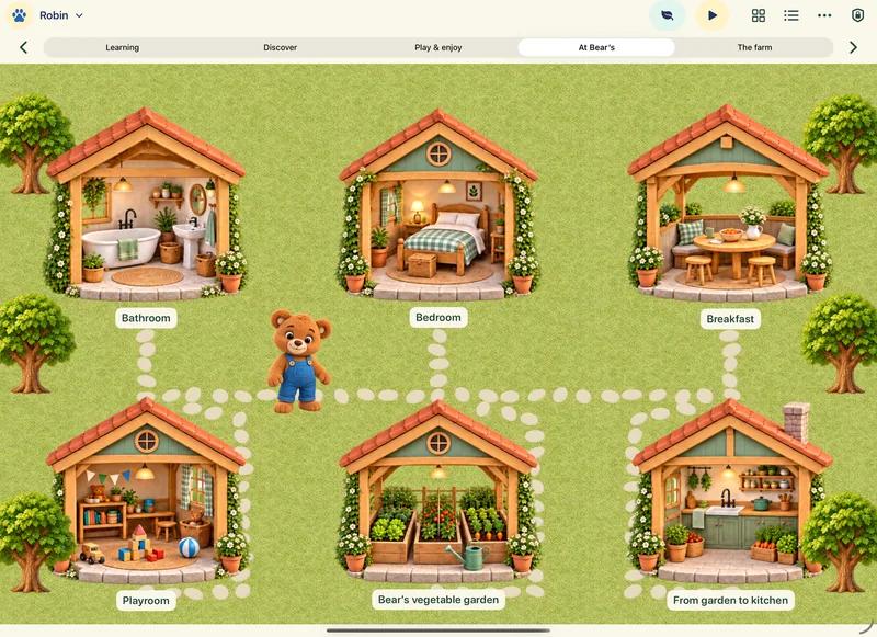 The At Bear’s world on iPad: Bear stands between six little houses, from Bathroom to From garden to kitchen.