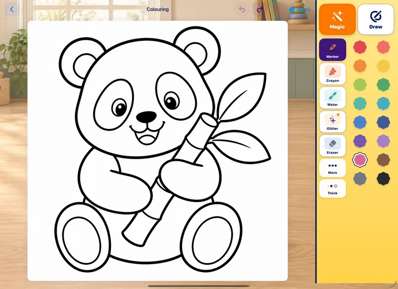 A colouring page of a panda with a palette of colours and tools such as marker, crayon, watercolour and glitter.