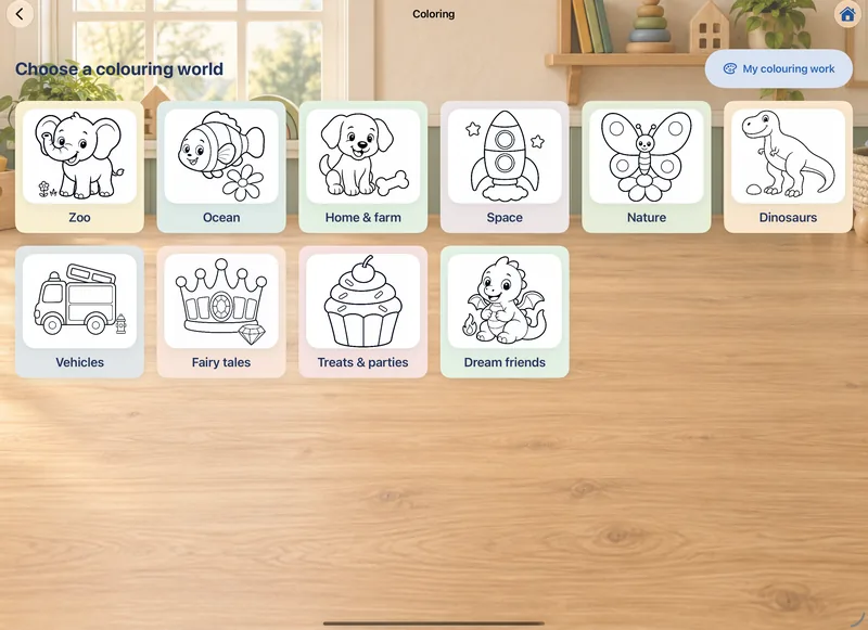 The colouring studio with ten themes: Zoo, Ocean, Home & farm, Space, Nature, Dinosaurs, Vehicles, Fairy tales, Treats & parties and Dream friends.