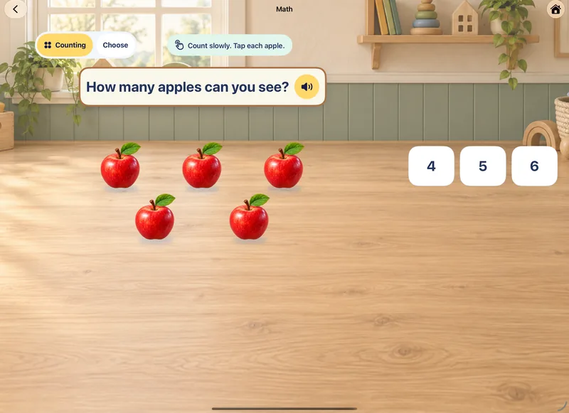 A counting exercise: “How many apples can you see?” with five apples and the answers 4, 5 and 6.