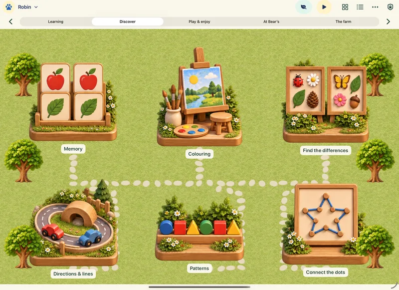The Discover world on iPad, with Memory, Colouring, Find the differences, Directions & lines, Patterns and Connect the dots.