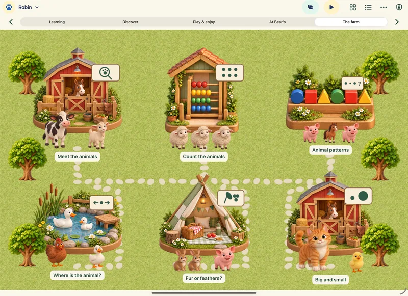 The farm world on iPad, with Meet the animals, Count the animals, Animal patterns, Where is the animal?, Fur or feathers? and Big and small.