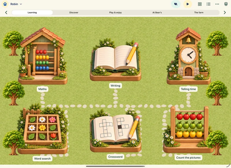 The Learning world on iPad, with Maths, Writing, Telling time, Word search, Crossword and Count the pictures.