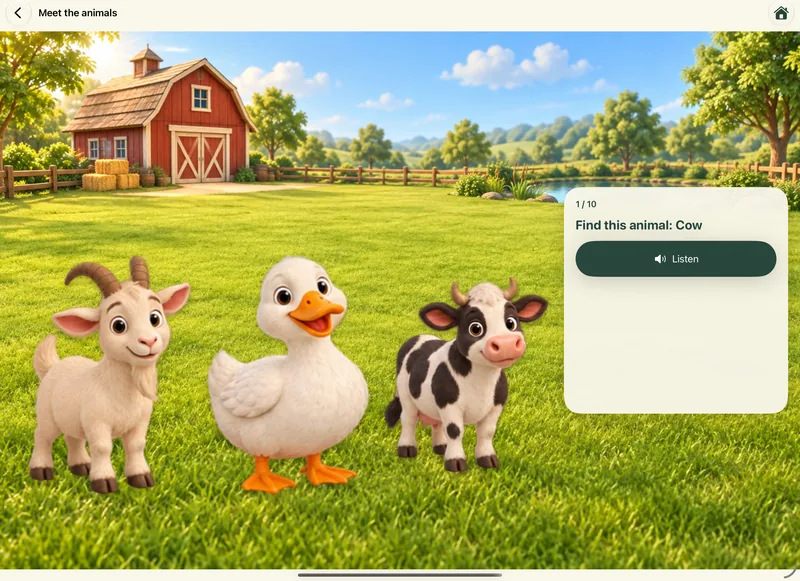 Meet the animals: a goat, a duck and a cow in a meadow, with the task “Find this animal: Cow” and a Listen button.