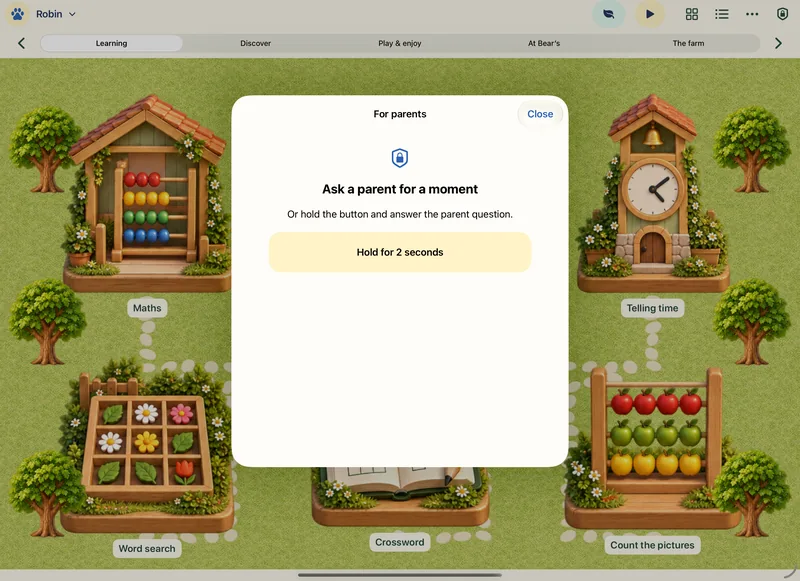 The parent gate on iPad: “Ask a parent for a moment. Or hold the button and answer the parent question.”