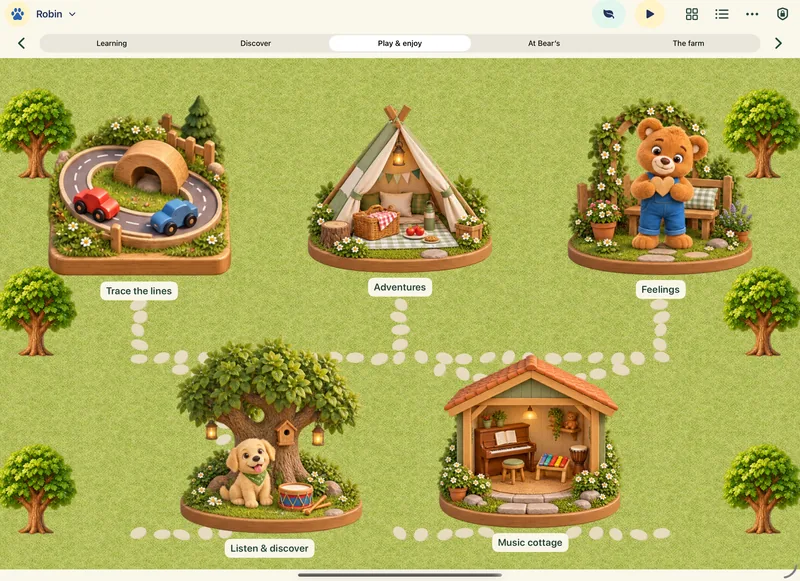 The Play & enjoy world on iPad, with Trace the lines, Adventures, Feelings, Listen & discover and Music cottage.