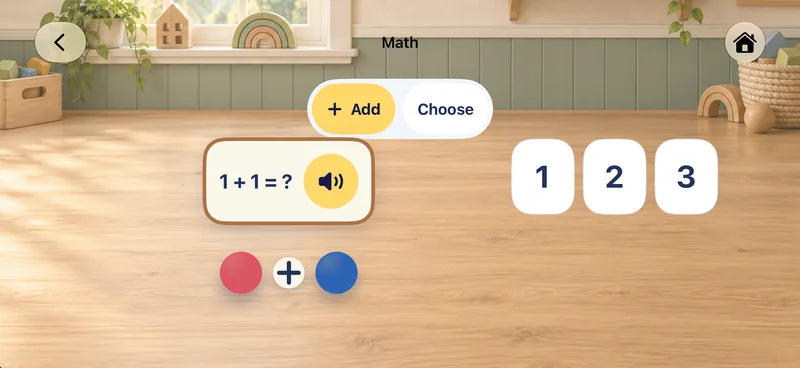 An addition task on iPhone: 1 + 1 = ?, with a speaker button, two beads and the answers 1, 2 and 3.