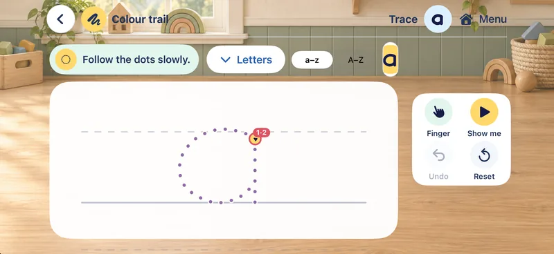 Tracing the letter a on iPhone, with Finger, Show me, Undo and Reset buttons.