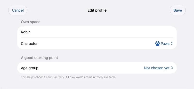 Editing a child profile on iPhone: a nickname, a character and an age group.
