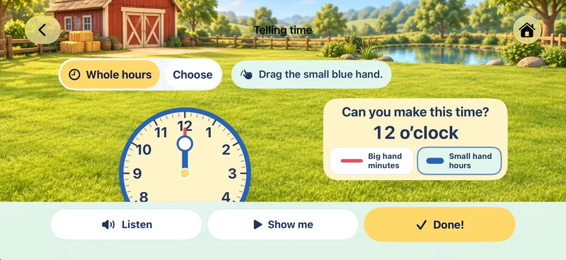 Telling time on iPhone: a clock face with the task “Can you make this time? 12 o’clock”.