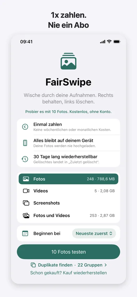 Der Startbildschirm von FairSwipe