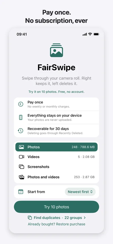 The FairSwipe start screen