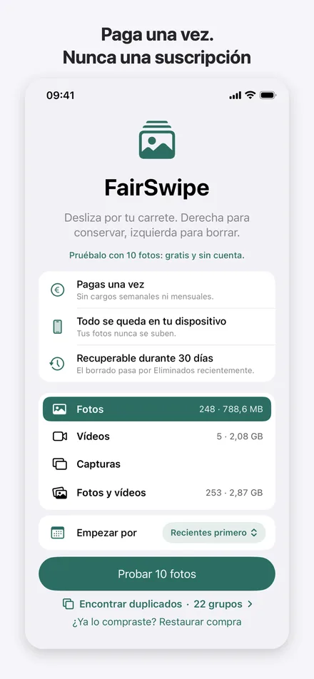 La pantalla de inicio de FairSwipe