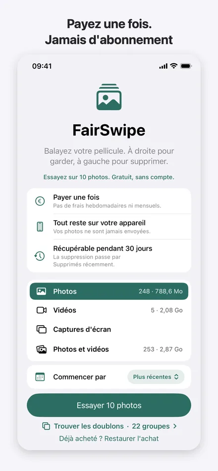 L’écran d’accueil de FairSwipe