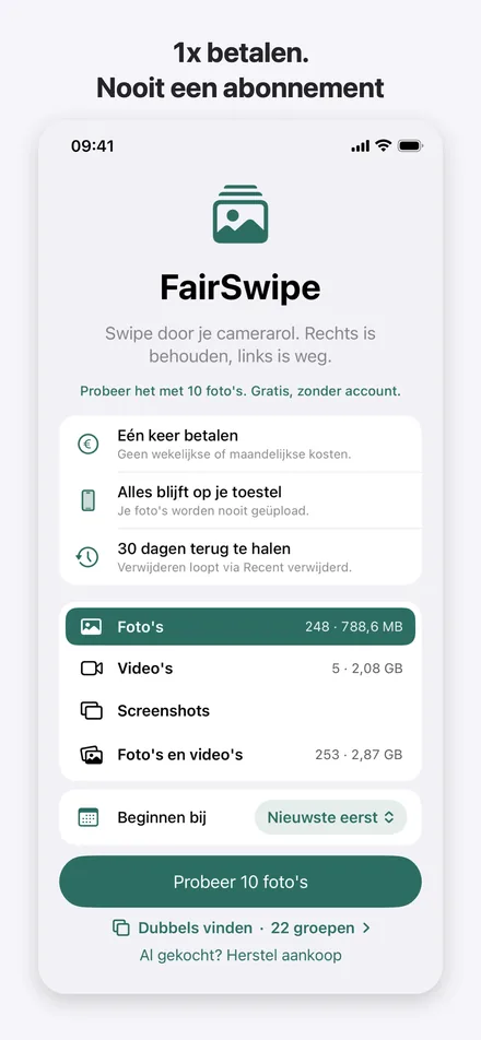 Het startscherm van FairSwipe