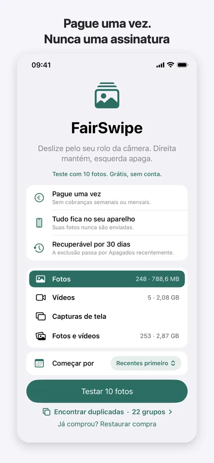 A tela inicial do FairSwipe
