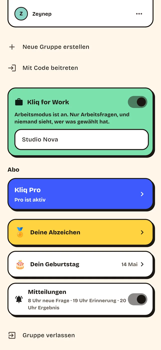 Arbeitsmodus in den Gruppeneinstellungen