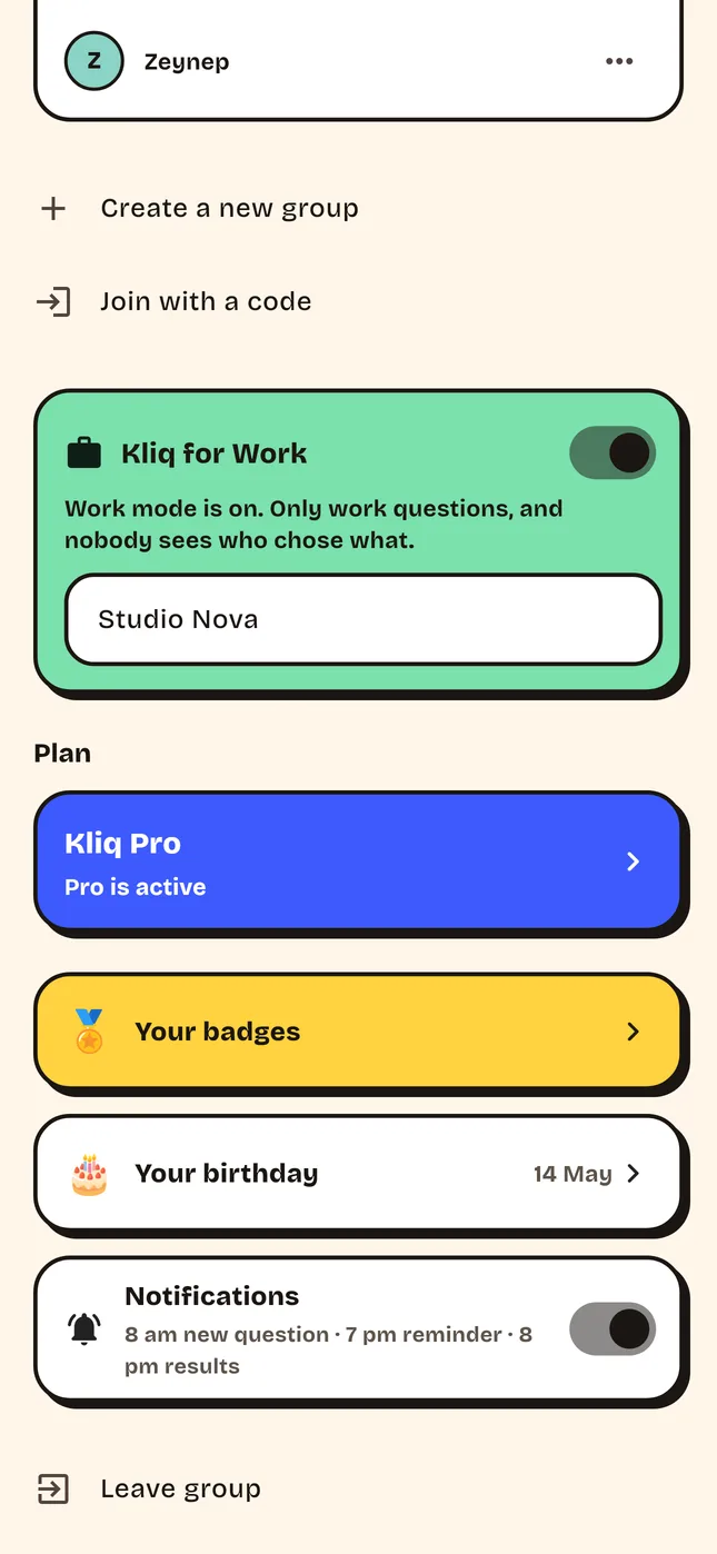 Work mode in the group settings