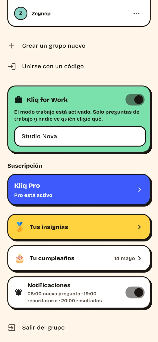 El modo trabajo en los ajustes del grupo