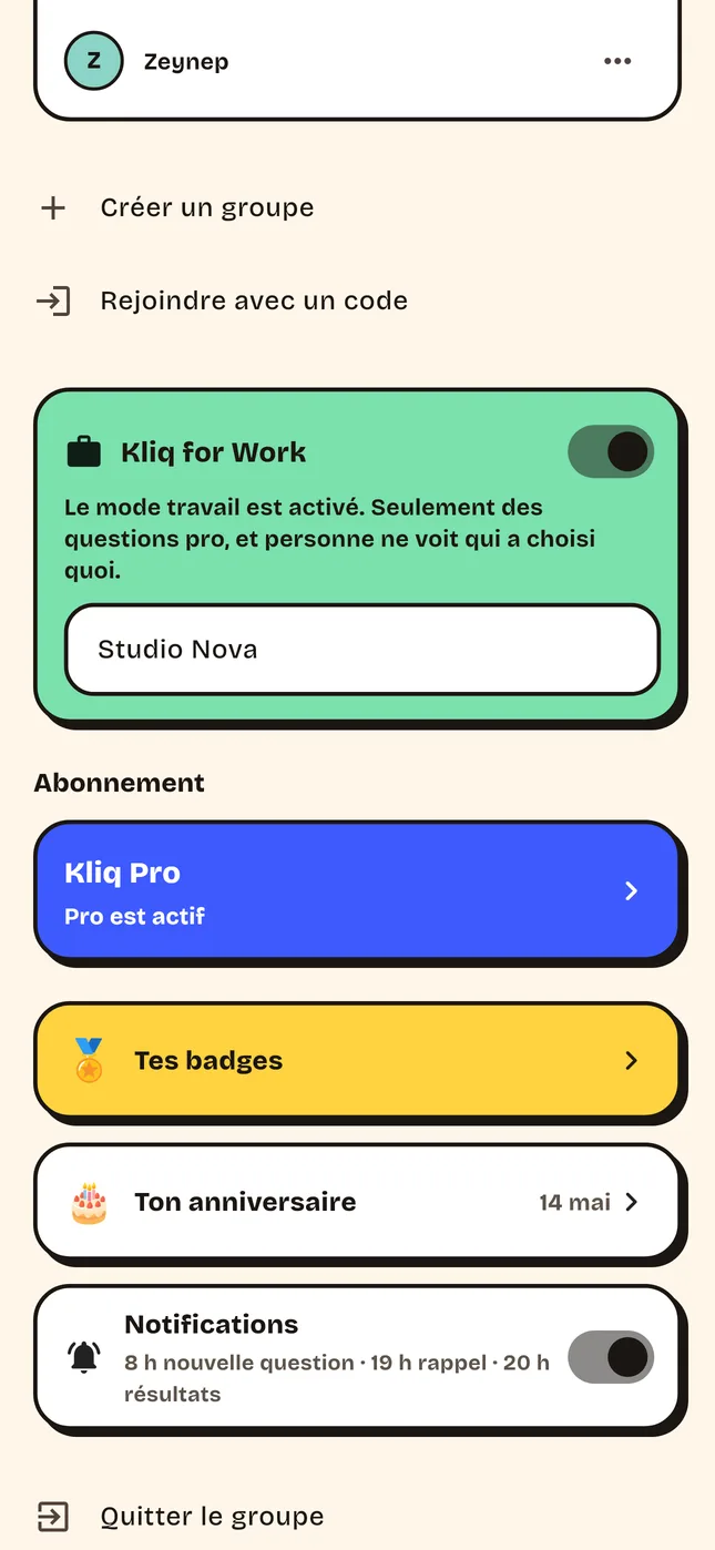 Le mode travail dans les réglages du groupe