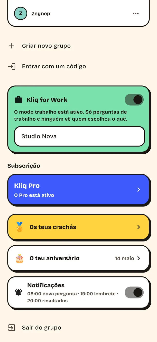 O modo trabalho nas definições do grupo