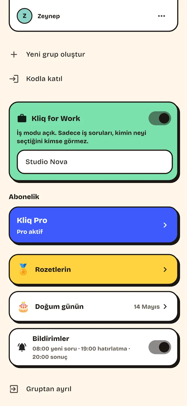 Grup ayarlarında iş modu
